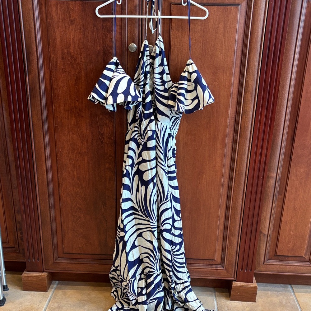 Lucy Paris Navy and White Maxi Dress with Tropical Print